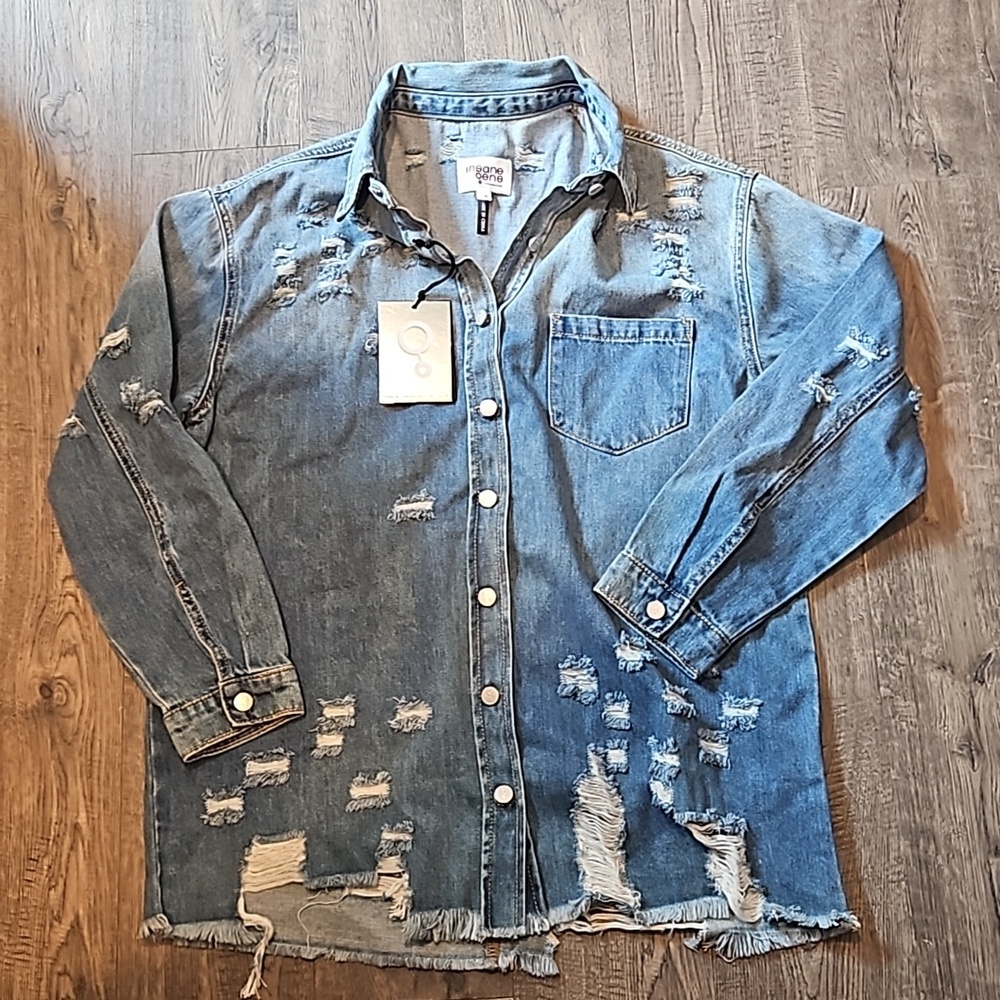 Distressed Denim Shirt Jacket - Blue Jean Jacket by No Boundaries